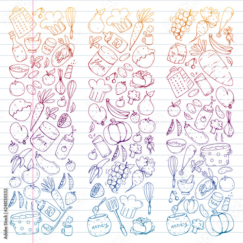 Healthy food and cooking. Fruits, vegetables, household. Doodle vector set.