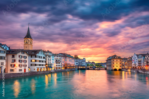 Zurich. Cityscape image of Zurich  Switzerland during dramatic sunset.