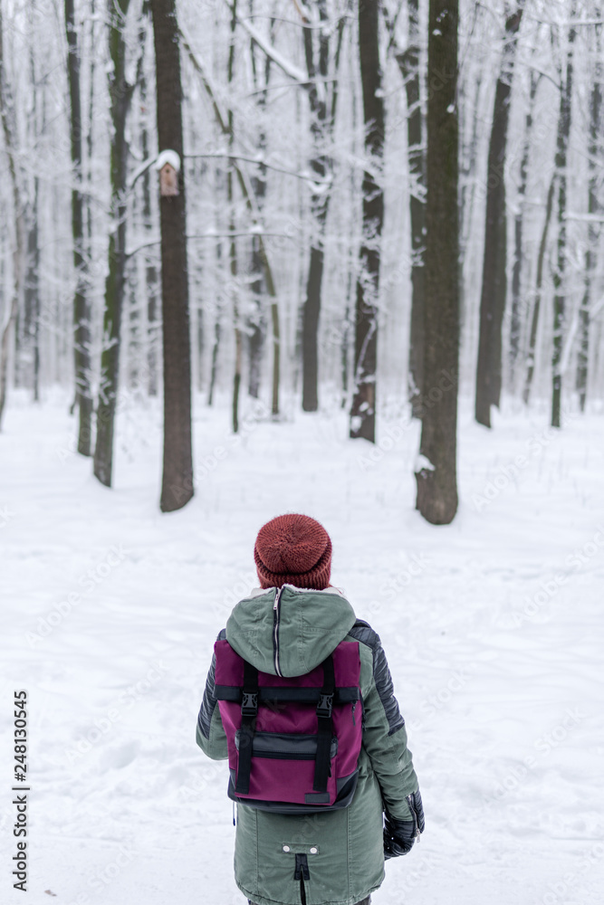 traveler girl with a bordo, red backpack walking on snow covered road in winter forest in frosty weather. vertical photo traveler girl with a bordo, red backpack walking on snow covered road in winter forest in frosty weather. vertical photo