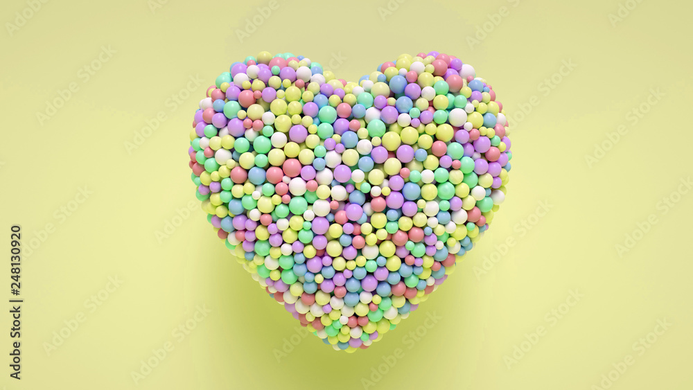 A Lot Of Colorful Candy Balls In The Form Of Heart Isolated On The Yellow Background - Valentine's Day - 3D Illustration