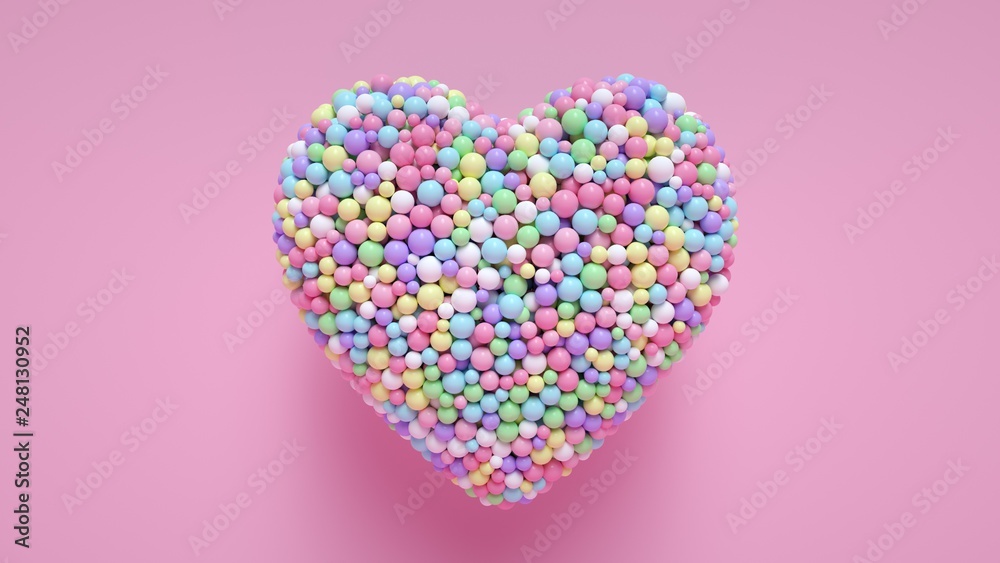 A Lot Of Colorful Candy Balls In The Form Of Heart Isolated On The Pink Background - Valentine's Day - 3D Illustration