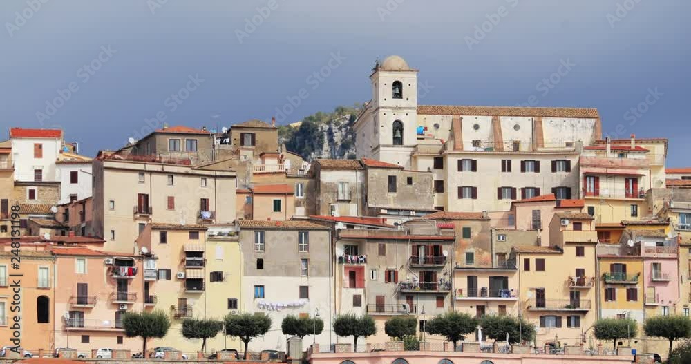 Monte San Biagio, Italy. Top View Of Residential Area. Cityscape In Autumn Day Under Blue Cloudy Sky