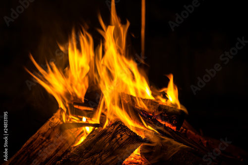 Pretty orange fire flames of burning wooden logs in dark night