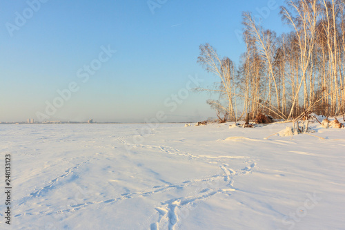 Island on a snowy Ob Reservoir, Novosibirsk, Russia