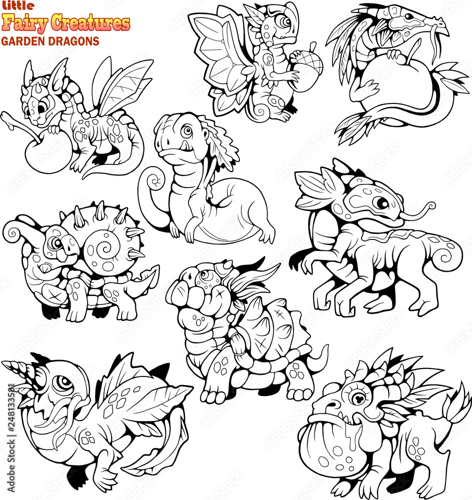 cute, small, cartoon, garden dragons, coloring book, set of funny images cute, small, cartoon, garden dragons, coloring book, set of funny images
