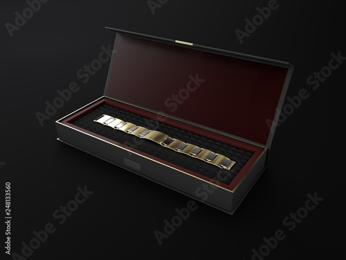 3d Illustration of Open square black gift box with bracelet on black background.