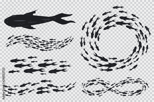 Shoal and school of fishes vector set of black silhouettes isolated on transparent background.