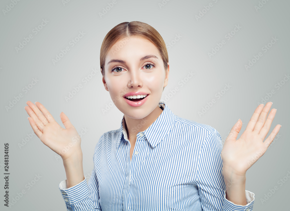 Surprised girl on white background. Happy woman, business and education concept Surprised girl on white background. Happy woman, business and education concept
