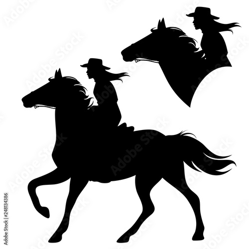 cowgirl riding running horse - beautiful female horseback cowboy black and white vector silhouette set