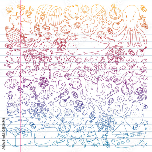 Ocean and sea for children. Pattern for boys. Pirate party. Cute fishes, animals, treasures. Kids vacation pattern, beach toys and elements.