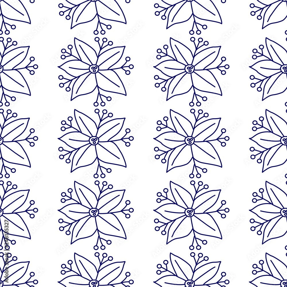 Hand drawn flower, repeat seamless vector pattern. Blue line art on white background. Hand drawn flower, repeat seamless vector pattern. Blue line art on white background.