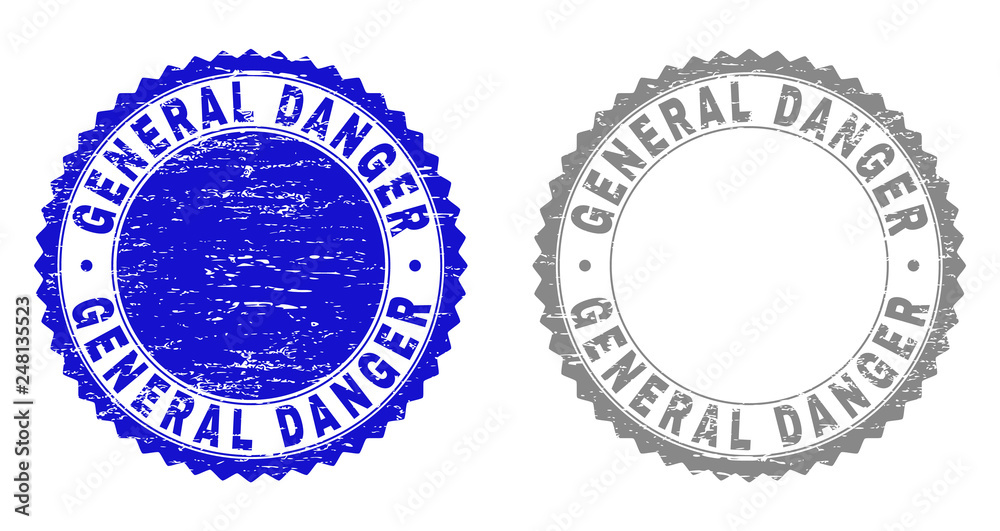Obraz premium Grunge GENERAL DANGER stamp seals isolated on a white background. Rosette seals with grunge texture in blue and gray colors. Vector rubber stamp imitation of GENERAL DANGER text inside round rosette.