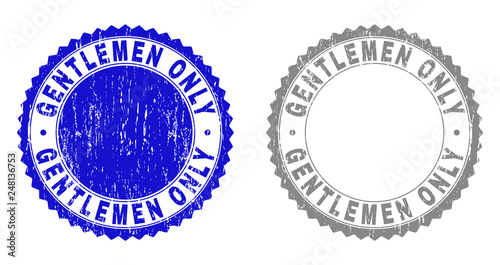 Grunge GENTLEMEN ONLY stamp seals isolated on a white background. Rosette seals with grunge texture in blue and grey colors. Vector rubber watermark of GENTLEMEN ONLY tag inside round rosette.