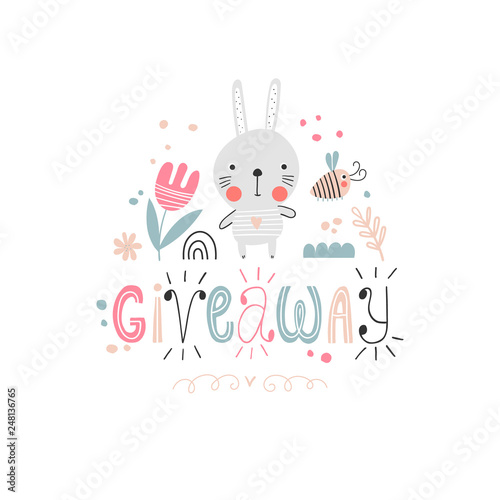 Giveaway lettering with hare and flowers