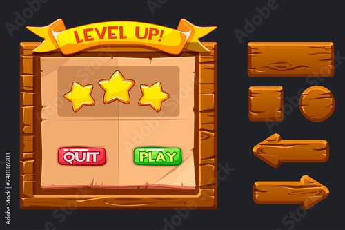 Vector game ui kit. Template wooden menu of graphical user interface GUI and buttons to build 2D games. Ribbon level up, star icons and play buttons and quit.