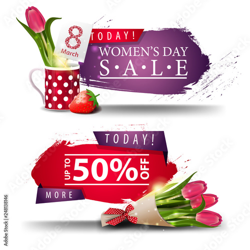 Two modern discount Women's day banners with buttons, tulip in a mug and bouquet of tulips photo