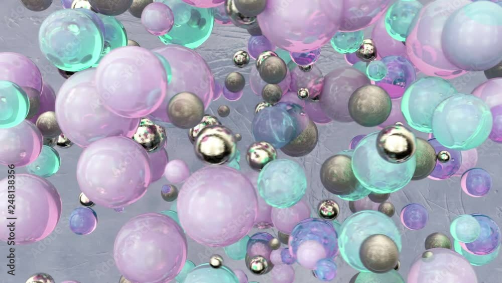 Fantastic abstract 4k video background with moving spheres of pearl and silver colors. 3d video loop geometric composition. Modern trendy postmodernism design, pastel colors.