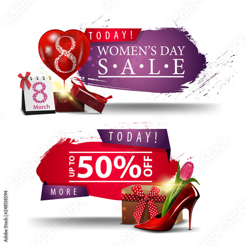 Two modern discount Women's day banners with buttons, gift, balloon and women's Shoe with tulips inside photo