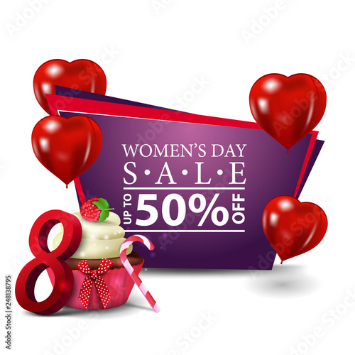 Women's day modern discount banner with heart-shaped balloons, cupcake and raspberry berries