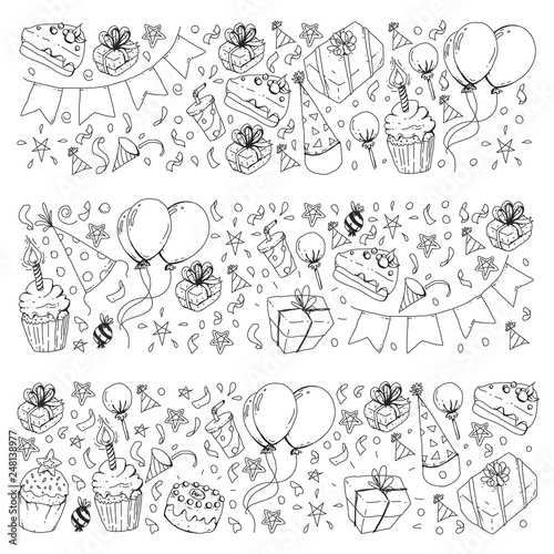 Birthday party. Pattern for invitations, banners, templates.