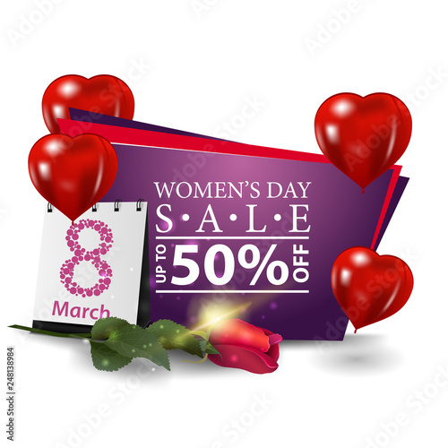 Women's day modern discount banner with heart-shaped balloons, rose and calendar