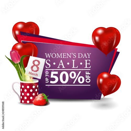 Women's day modern discount banner with heart-shaped balloons, tulip in a mug