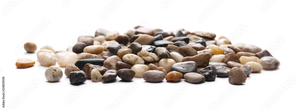 Colorful decorative pebbles, rocks isolated on white background - obrazy, fototapety, plakaty 
