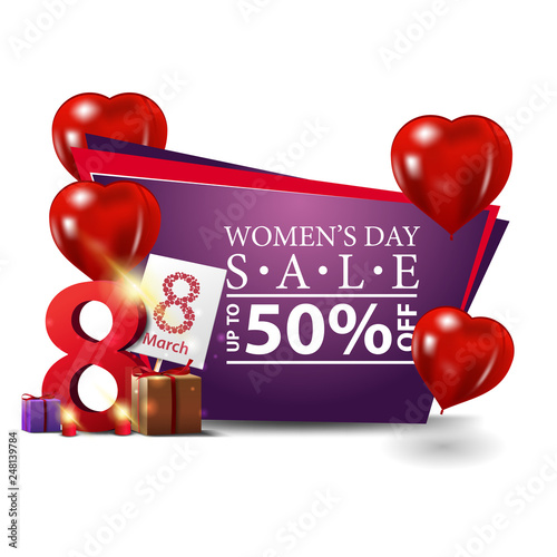 Women's day modern discount banner with heart-shaped balloons, gifts with the number eight