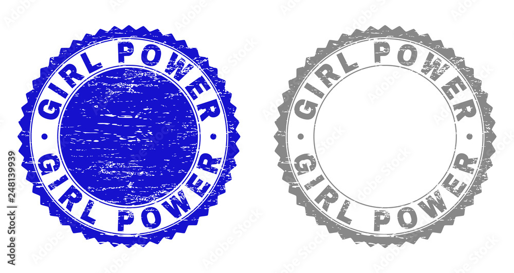Grunge GIRL POWER stamp seals isolated on a white background. Rosette seals with grunge texture in blue and gray colors. Vector rubber stamp imitation of GIRL POWER caption inside round rosette.