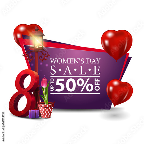 Women's day modern discount banner with heart-shaped balloons, tulip in a bucket under a lantern