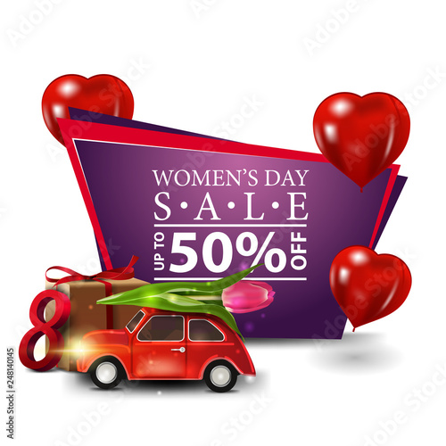 Women's day modern discount banner with heart-shaped balloons, car with Tulip