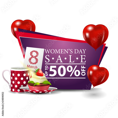 Women's day modern discount banner with heart-shaped balloons, cup of tea with cupcake