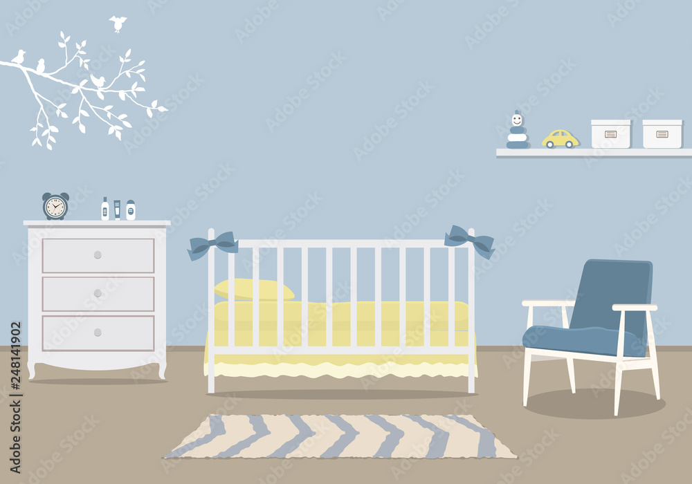 Kid's room for a newborn baby. Interior bedroom for a baby boy in a blue color. There is a cot, a dresser, armchair, a shelf wih toys and other things in the picture. Vector illustration Kid's room for a newborn baby. Interior bedroom for a baby boy in a blue color. There is a cot, a dresser, armchair, a shelf wih toys and other things in the picture. Vector illustration