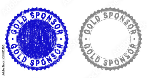 Grunge GOLD SPONSOR stamp seals isolated on a white background. Rosette seals with distress texture in blue and gray colors. Vector rubber watermark of GOLD SPONSOR tag inside round rosette.