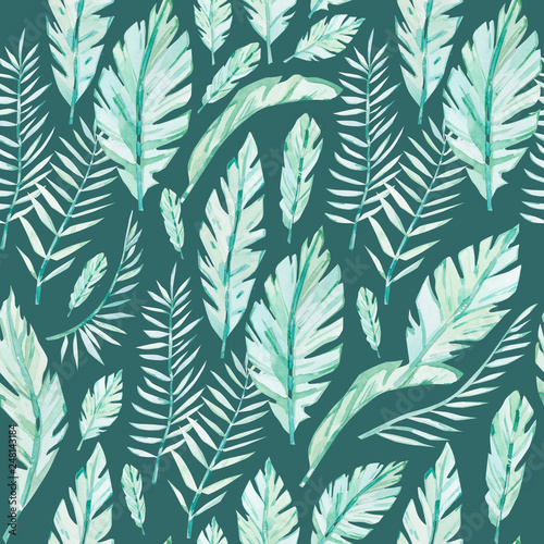 watercolor drawing of tropical leaves seamless pattern on dark background
