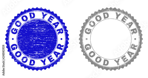 Grunge GOOD YEAR stamp seals isolated on a white background. Rosette seals with grunge texture in blue and gray colors. Vector rubber watermark of GOOD YEAR title inside round rosette.