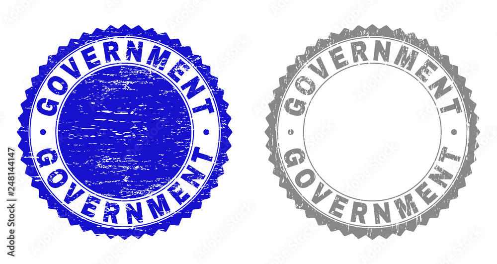 Grunge GOVERNMENT stamp seals isolated on a white background. Rosette seals with grunge texture in blue and grey colors. Vector rubber stamp imitation of GOVERNMENT caption inside round rosette. Grunge GOVERNMENT stamp seals isolated on a white background. Rosette seals with grunge texture in blue and grey colors. Vector rubber stamp imitation of GOVERNMENT caption inside round rosette.