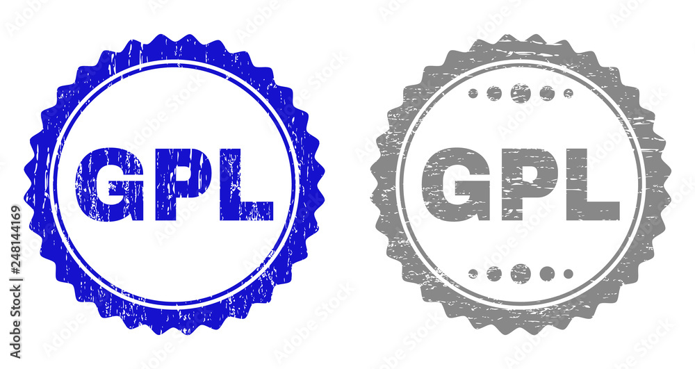 Grunge GPL stamp seals isolated on a white background. Rosette seals with grunge texture in blue and grey colors. Vector rubber stamp imitation of GPL tag inside round rosette.