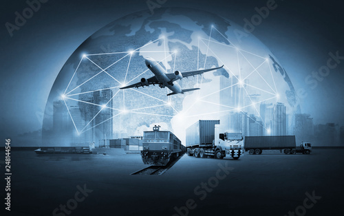 Abstract image of the world logistics, there are world map background and container truck, ship in port and airplane photo