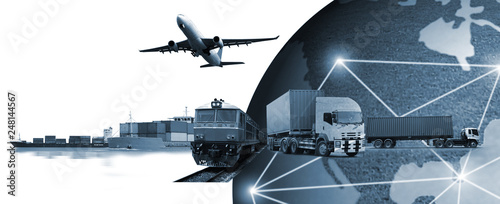 Abstract image of the world logistics, there are world map background and container truck, ship in port and airplane