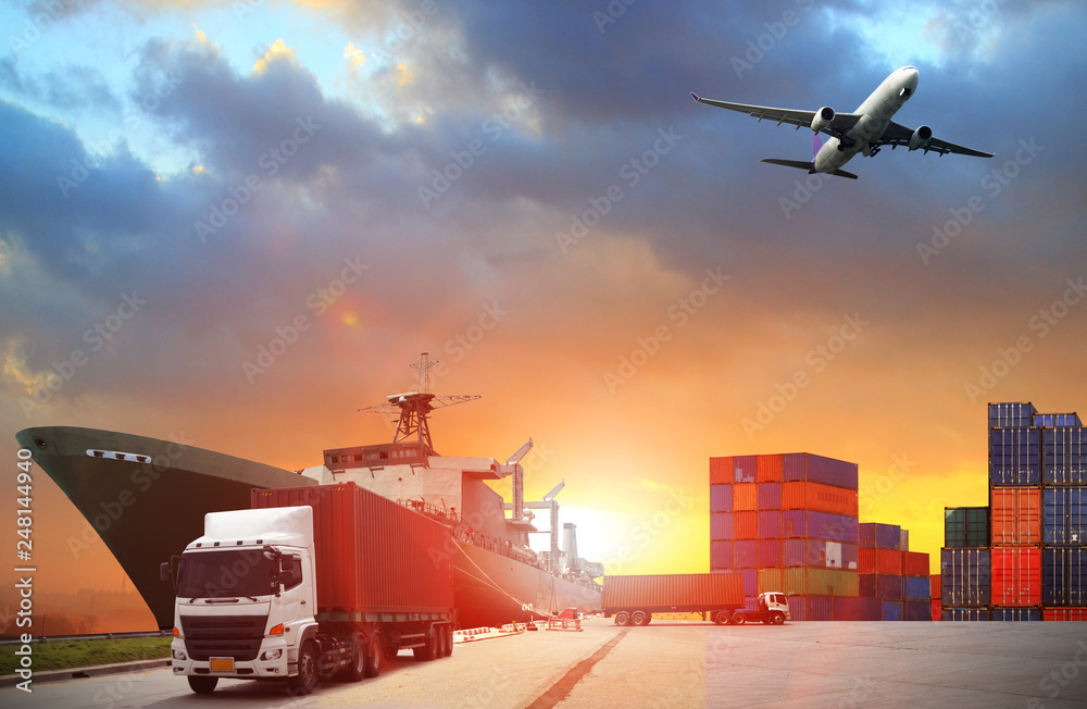 Abstract image of the world logistics, there are container truck, ship in port and airplane Abstract image of the world logistics, there are container truck, ship in port and airplane