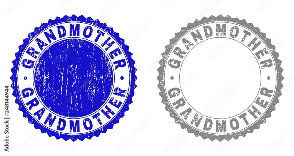 Grunge GRANDMOTHER stamp seals isolated on a white background. Rosette seals with grunge texture in blue and grey colors. Vector rubber stamp imitation of GRANDMOTHER tag inside round rosette.