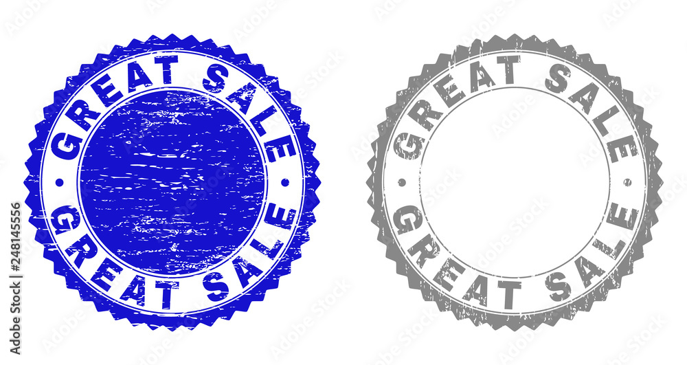 Grunge GREAT SALE stamp seals isolated on a white background. Rosette seals with grunge texture in blue and gray colors. Vector rubber stamp imprint of GREAT SALE caption inside round rosette. Grunge GREAT SALE stamp seals isolated on a white background. Rosette seals with grunge texture in blue and gray colors. Vector rubber stamp imprint of GREAT SALE caption inside round rosette.