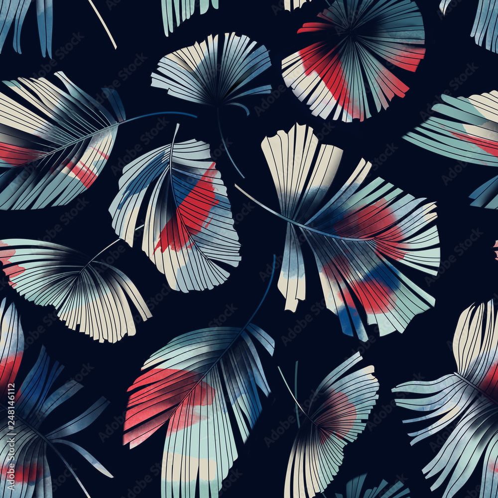 Contrasting red-white palm leaves on a dark blue background Contrasting red-white palm leaves on a dark blue background