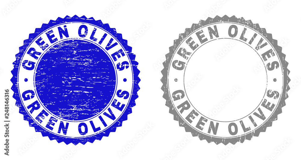 Grunge GREEN OLIVES stamp seals isolated on a white background. Rosette seals with distress texture in blue and gray colors. Vector rubber stamp imprint of GREEN OLIVES tag inside round rosette.