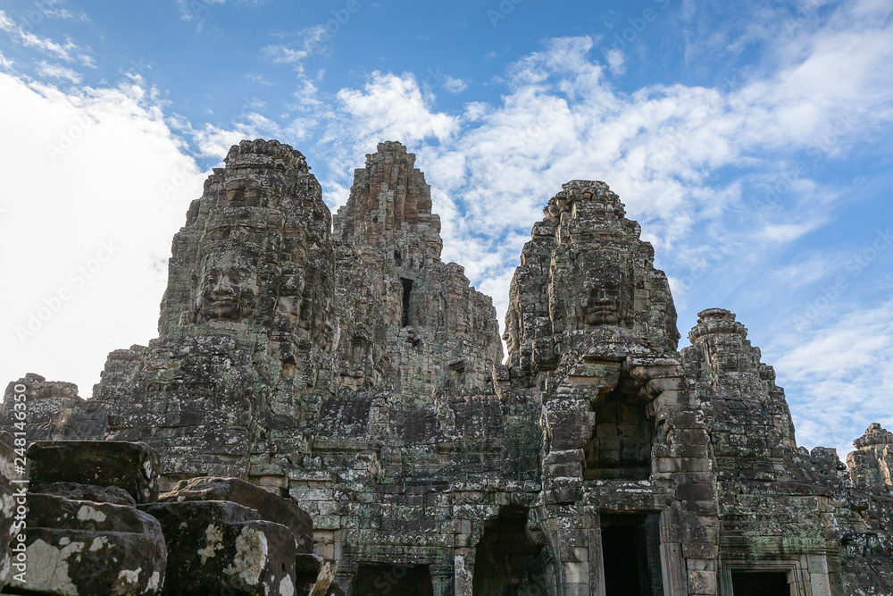 faces on the towers of Angkor Thom temple, Siem Reap, Cambodia, Asia