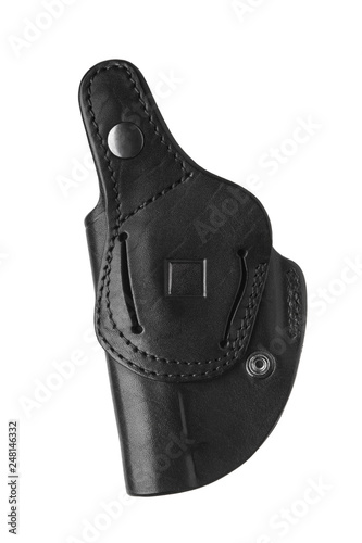 Black leather holster for a pistol isolated on white