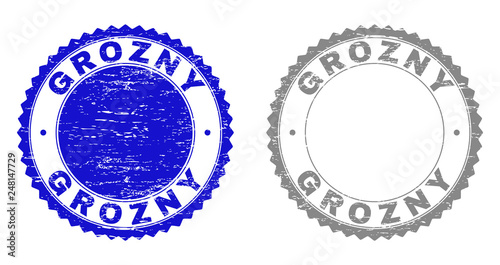 Grunge GROZNY stamp seals isolated on a white background. Rosette seals with grunge texture in blue and grey colors. Vector rubber overlay of GROZNY caption inside round rosette.