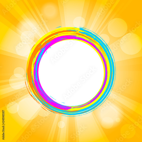 colorful grunge circle brush strokes frame with sunburst and halftone graphic parts behind on orange background