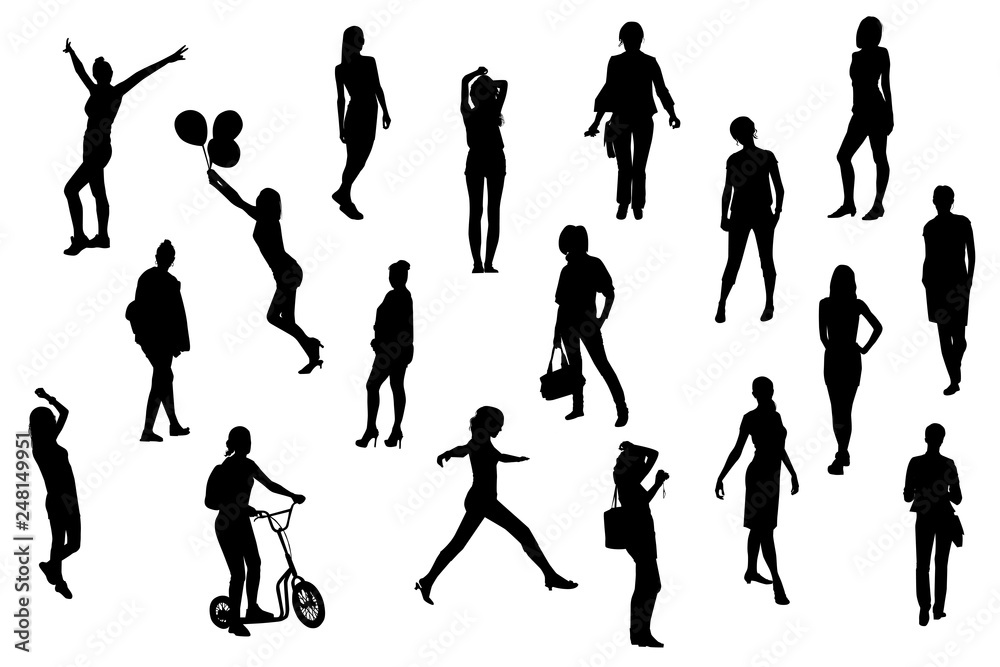 Silhouettes of girls and women in different poses, vector.
